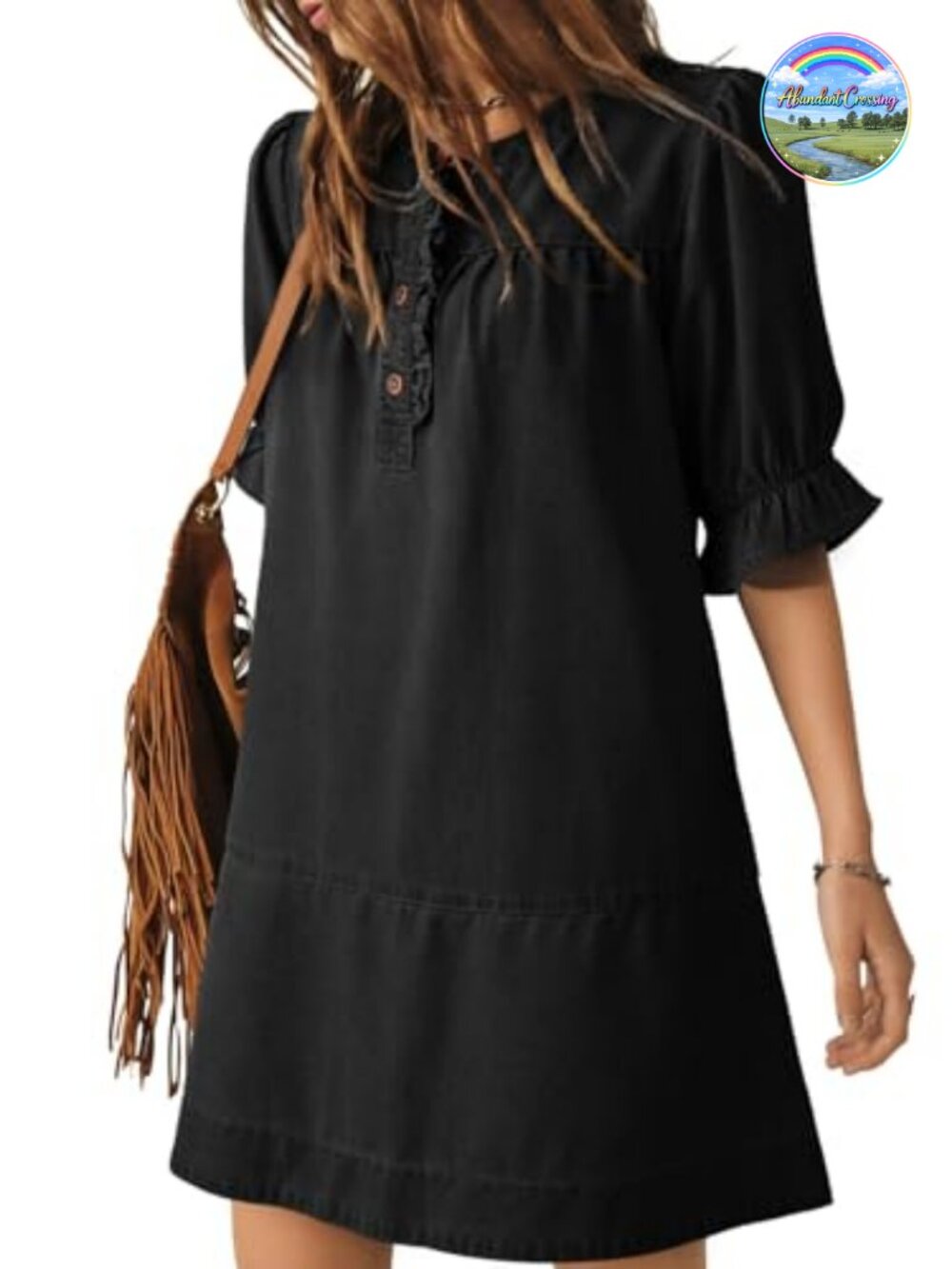 Dokotoo Denim Mini Dress Ruffle Short Sleeve Button Front A-Line Cowgirl Jean